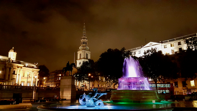 Trafalgar Square in London at night
