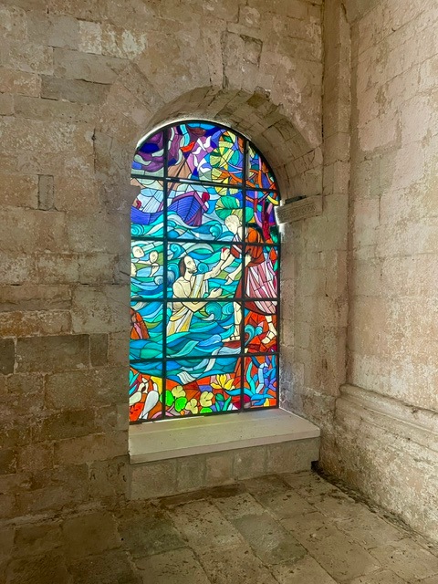 Stained Glass on St Mary's Island in Mljet, Dalmatian Islands, Croatia.