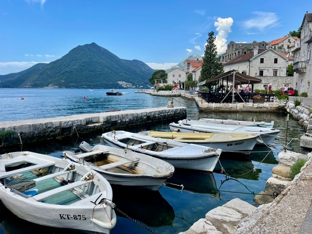 Boats lining the harbour of Harbour of Perast, Montenegro