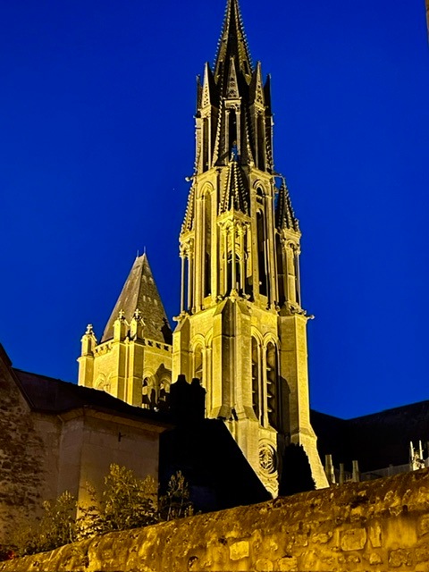 Cathedral lights at night, in Statues in historical old town of Senlis, France